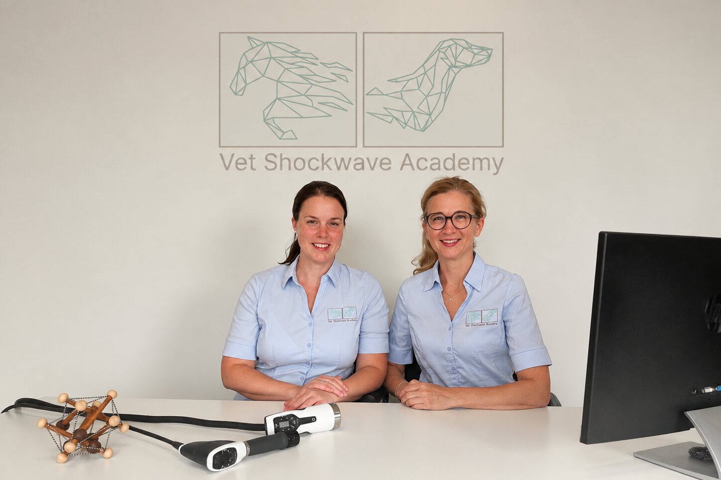 Dr. Elisabeth Binder und Dr. Karen Barker-Benfield in der Vet Shockwave Academy, davor zwei Stoßwellen-Handstücke