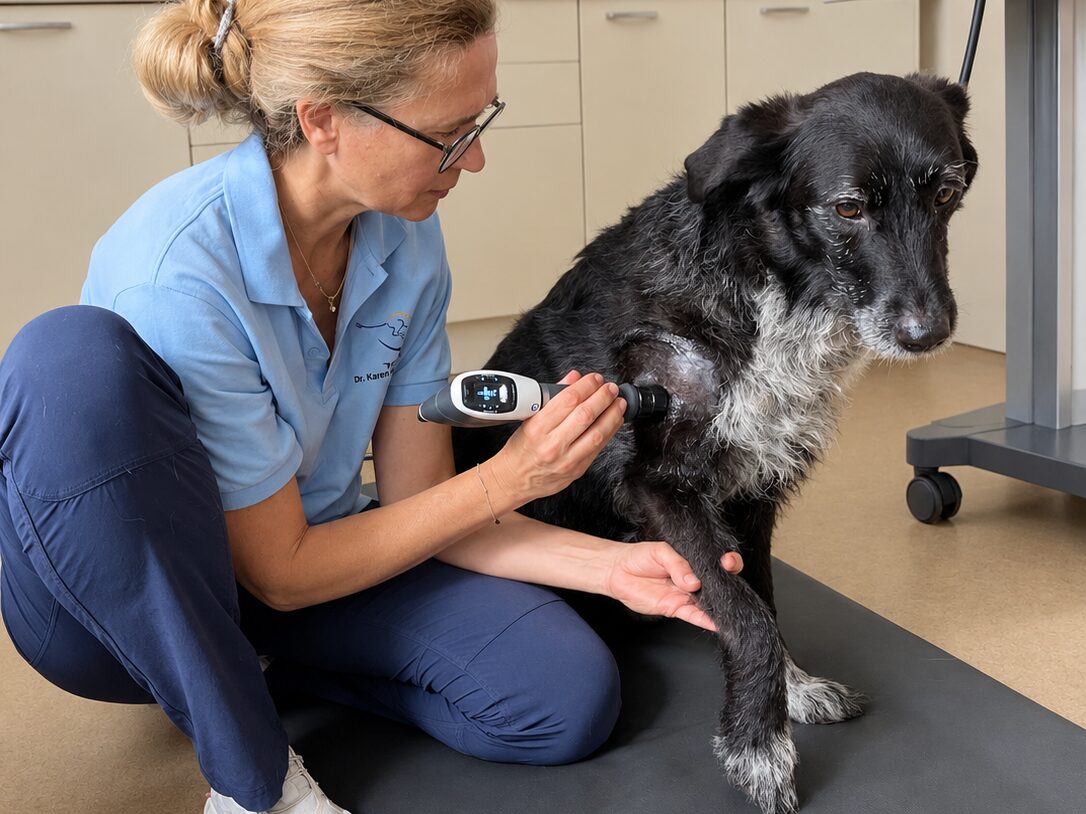 Stoßwellenbehandlung an der Schulter eines Hundes